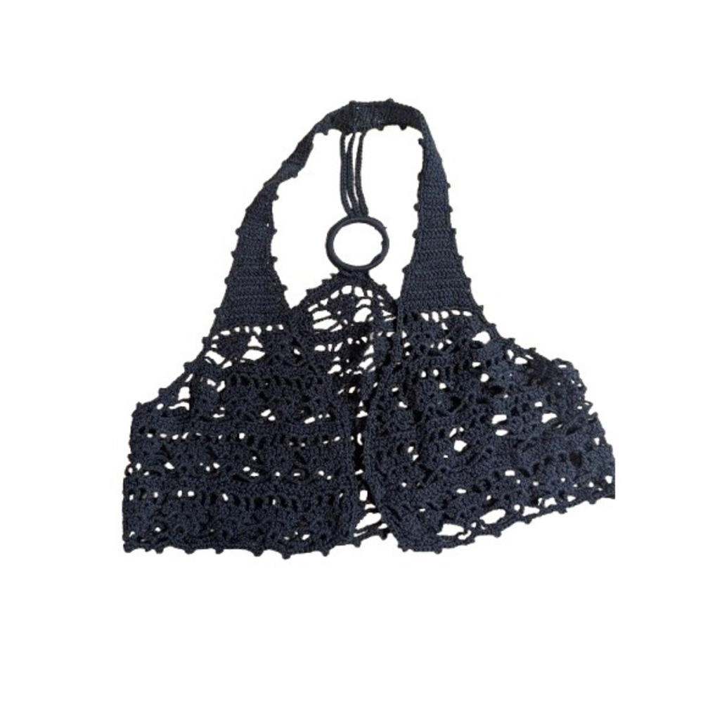 Boho Crochet Halter Crop Top Navy Blue Festival Knit O-Ring Back Sexy Bralette